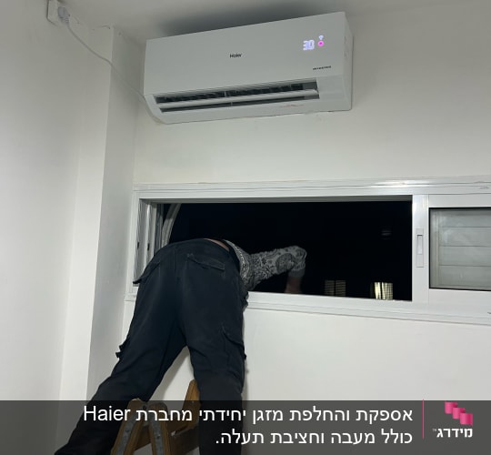 אדם על סולם מתקין מזגן על קיר לבן